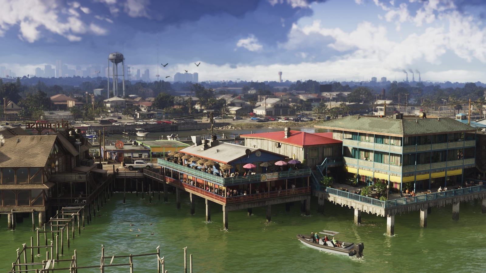 Grassrivers 水上聚落、码头与小艇的 GTA VI 官方截图